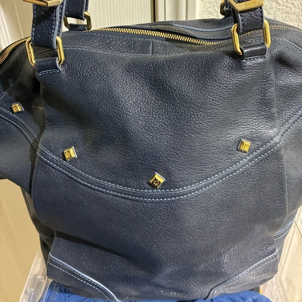 Navy Blue Leather Tote Bag - Picture 2 of 7